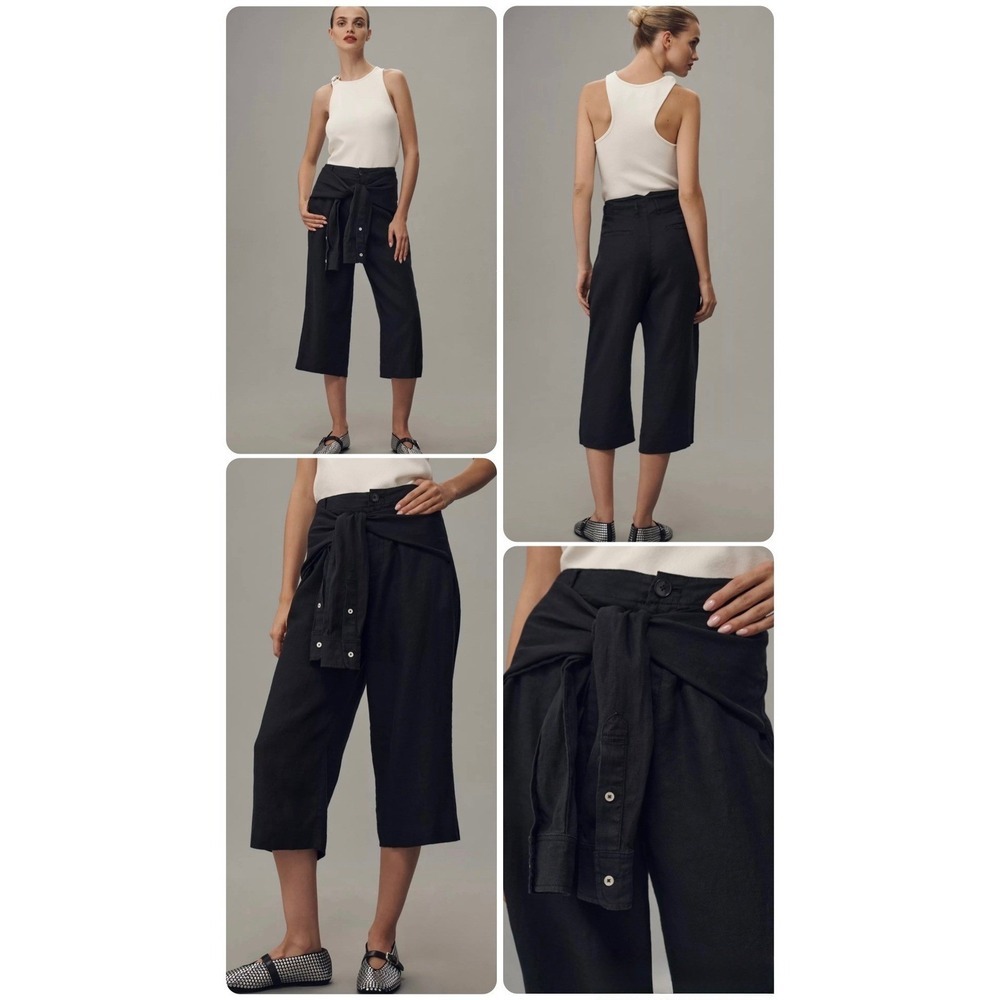 Anthropologie Black Linen TieFront Wide Leg Crop Pants NWT 14 High Rise Culottes